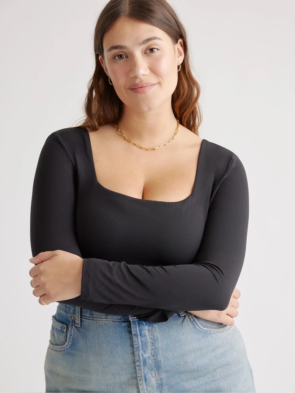 Quince Long Sleeve Squareneck Bodysuit Black